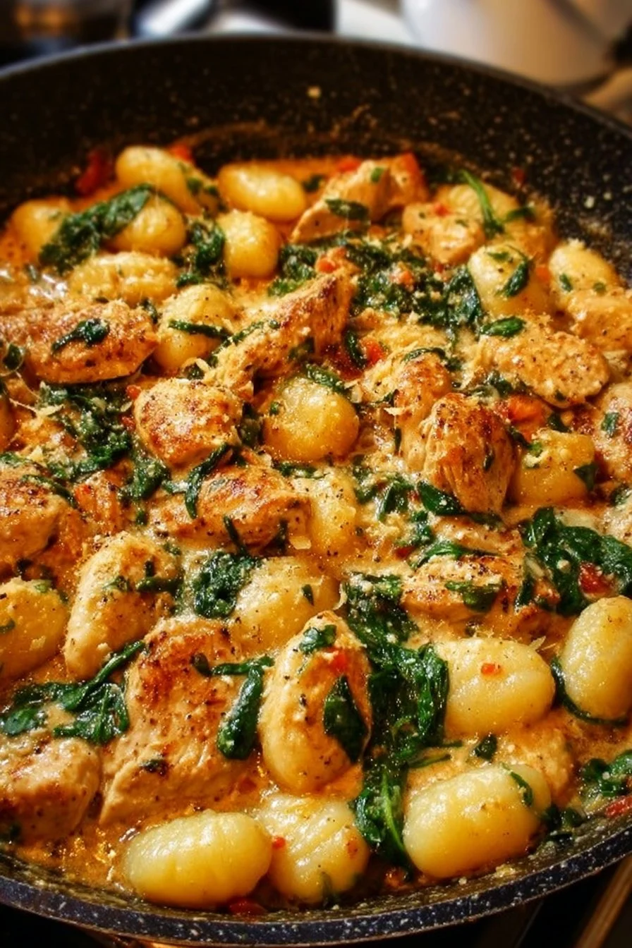 Garlic Chicken Gnocchi Skillet dish served in a pan with herbs and spices