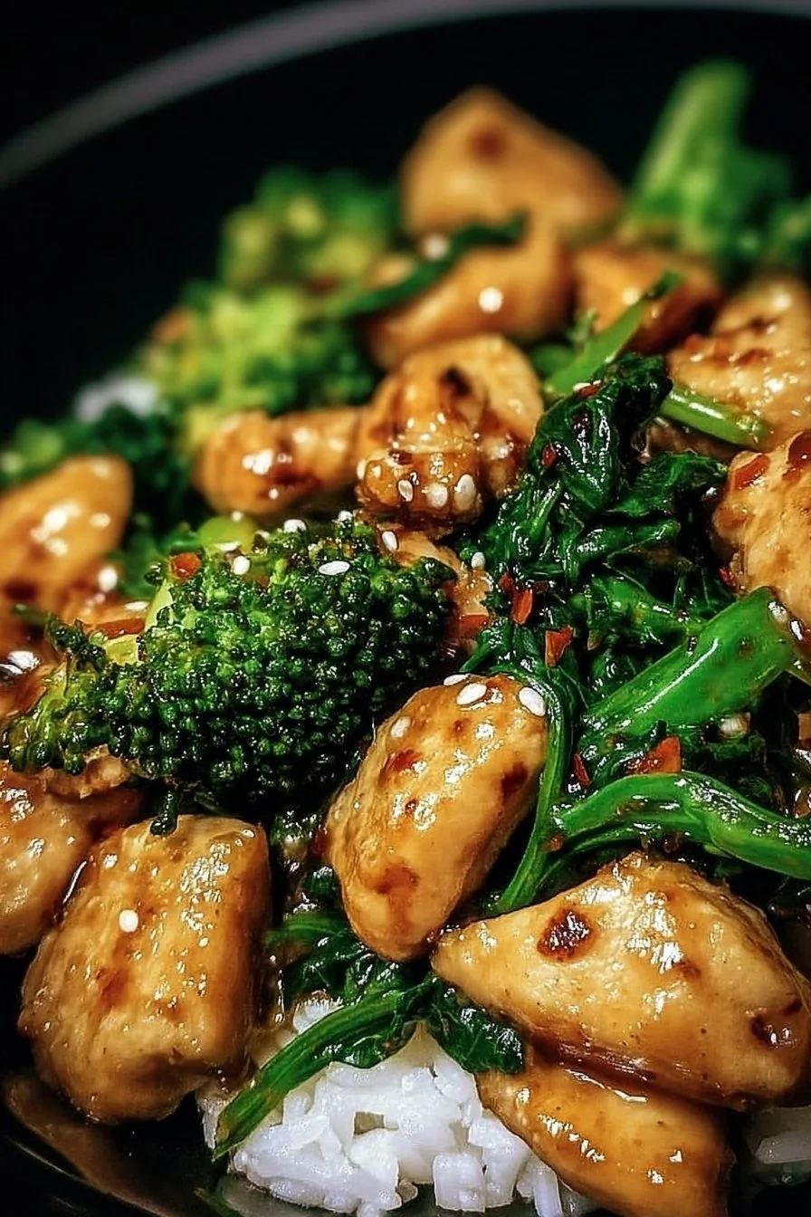 Garlic chicken with broccoli and spinach served on a plate