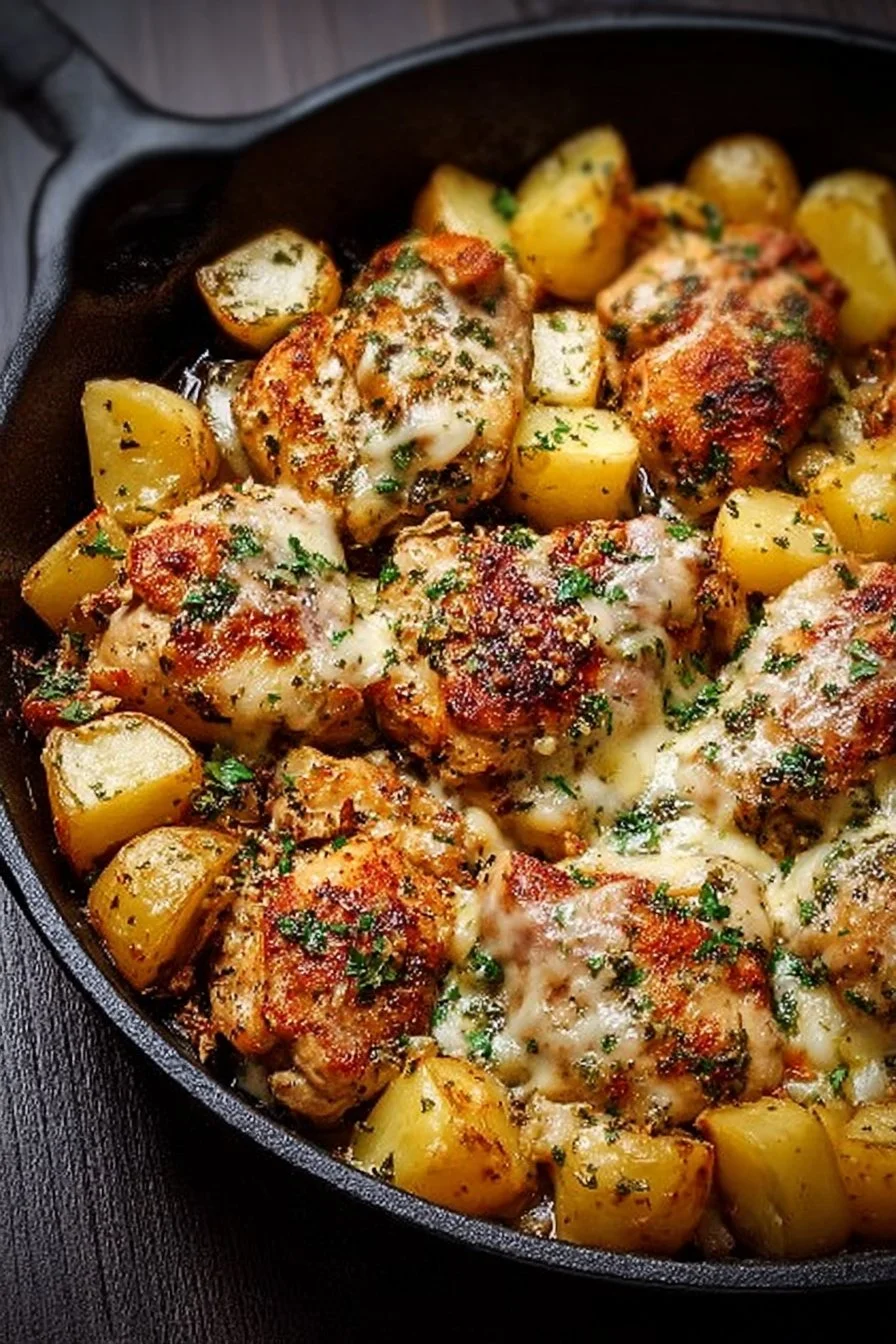 Garlic Parmesan Chicken and Potatoes Skillet dish garnished with herbs.