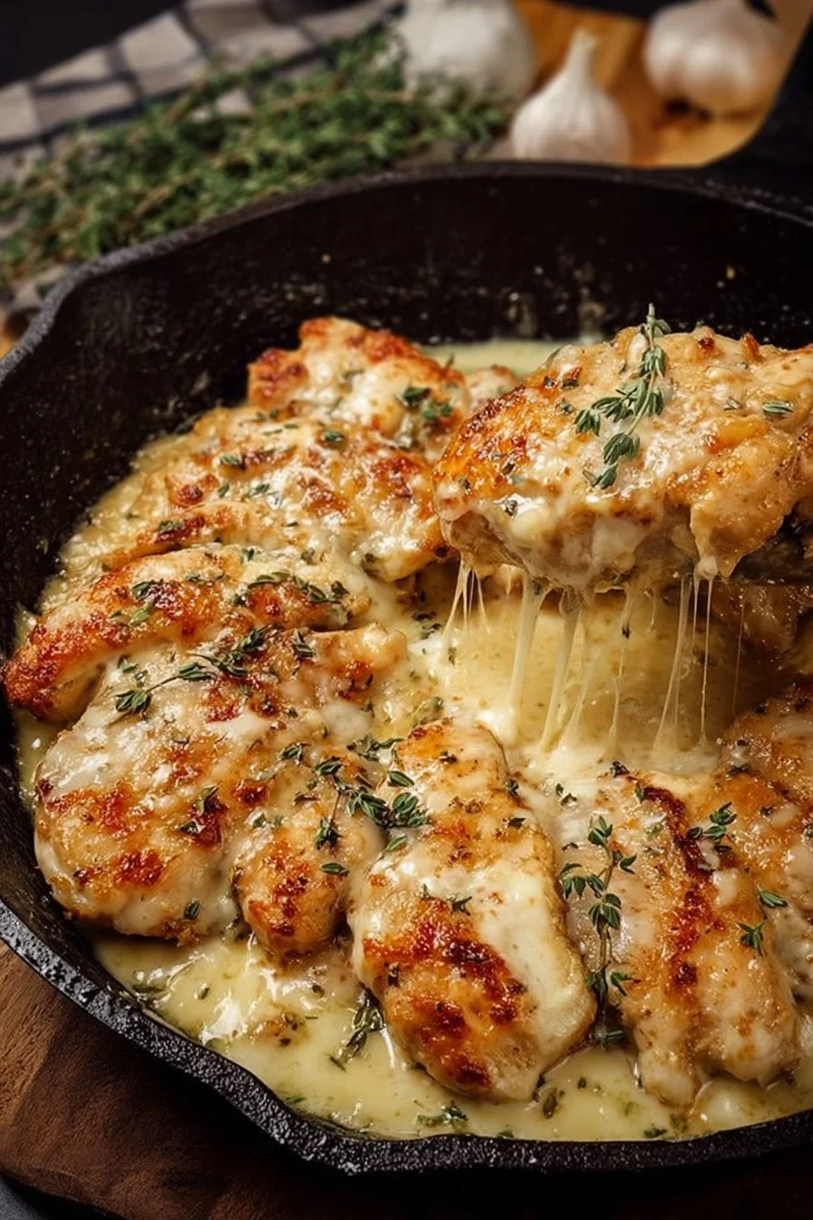 Garlic Parmesan Chicken Skillet dish served with herbs and cheese