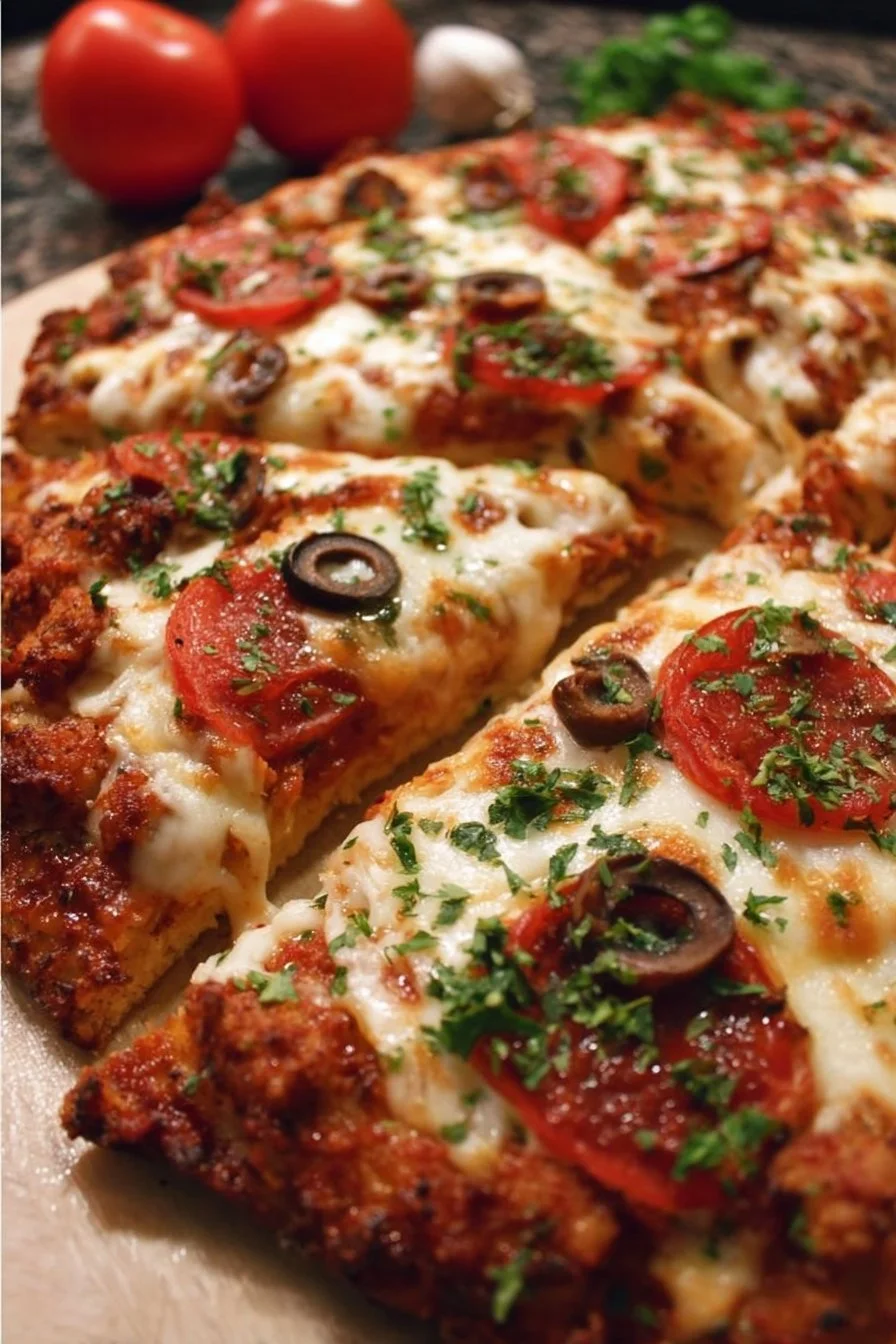 Ground Chicken Crust Pizza 3 Delicious Ground Chicken Crust Pizza slice on a plate with toppings.