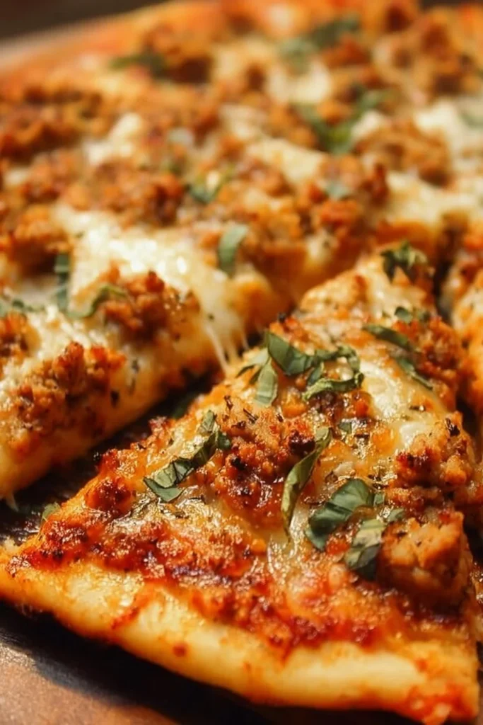 Ground chicken pizza crust topped with fresh ingredients on a wooden table.