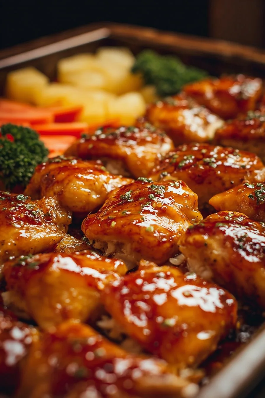 Hawaiian Chicken Sheet Pan 3 Hawaiian Chicken Sheet Pan with vibrant vegetables and pineapple glaze.