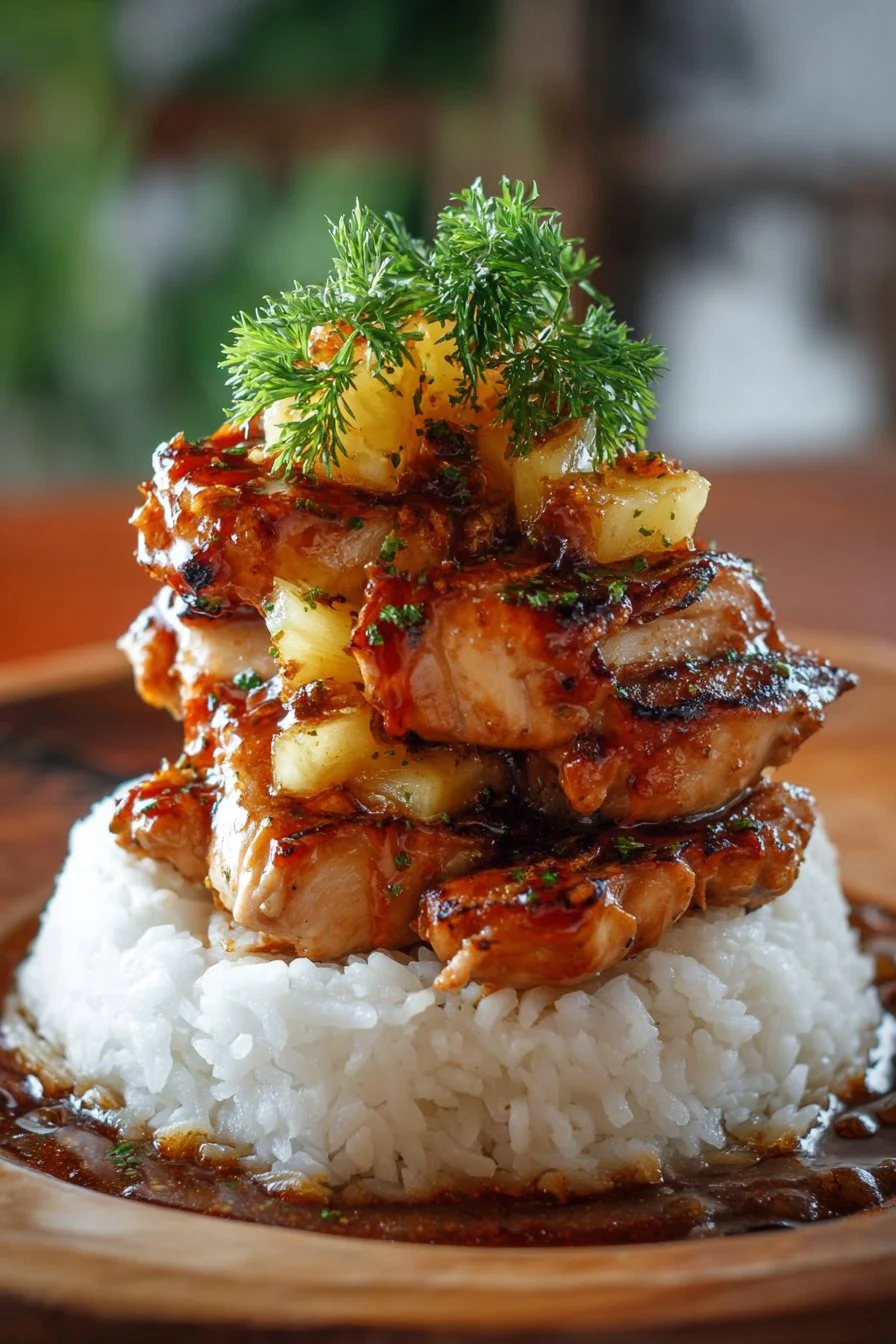 Hawaiian Turn Turn Chicken Stack 3 Hawaiian Turn Turn Chicken Stack served with tropical garnishes and sides