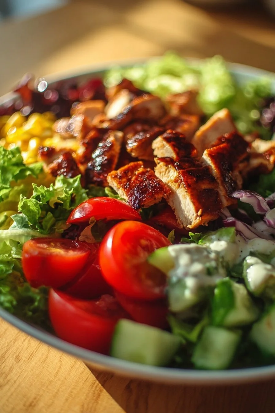 Healthy BBQ chicken salad with fresh veggies and tangy dressing.