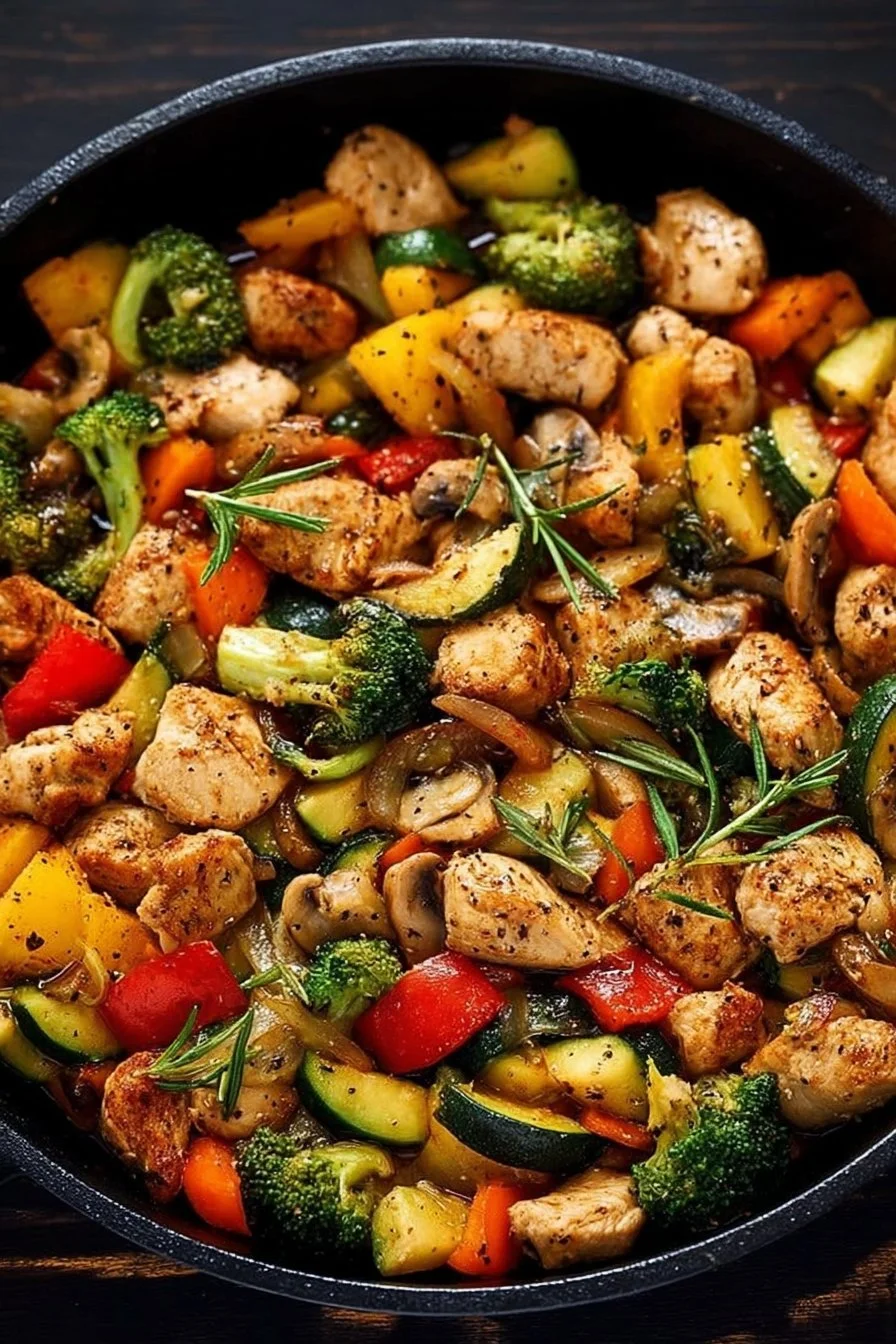 Healthy chicken and vegetables skillet recipe in a frying pan