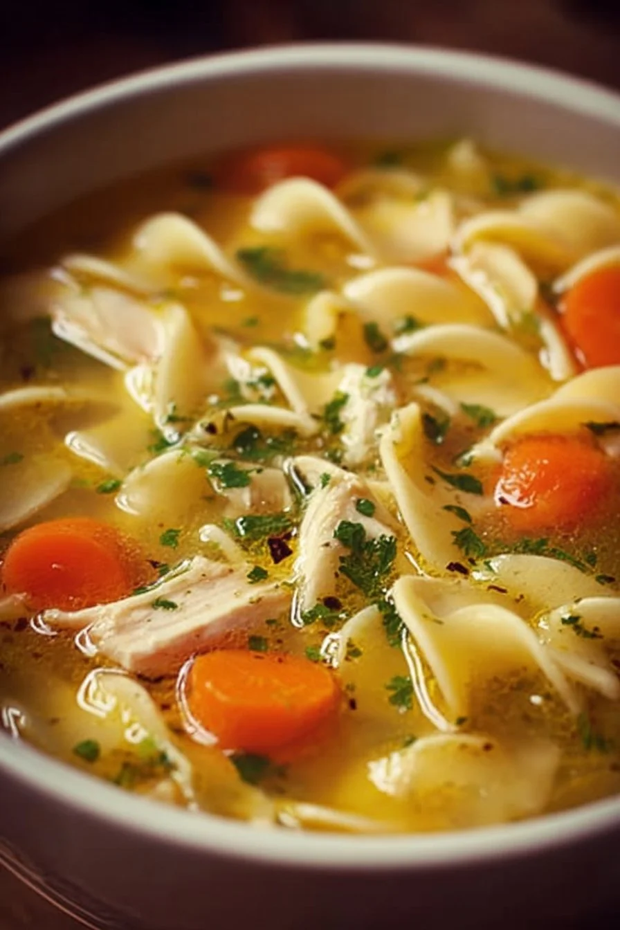 Bowl of heartwarming Panera Bread-style chicken noodle soup recipe