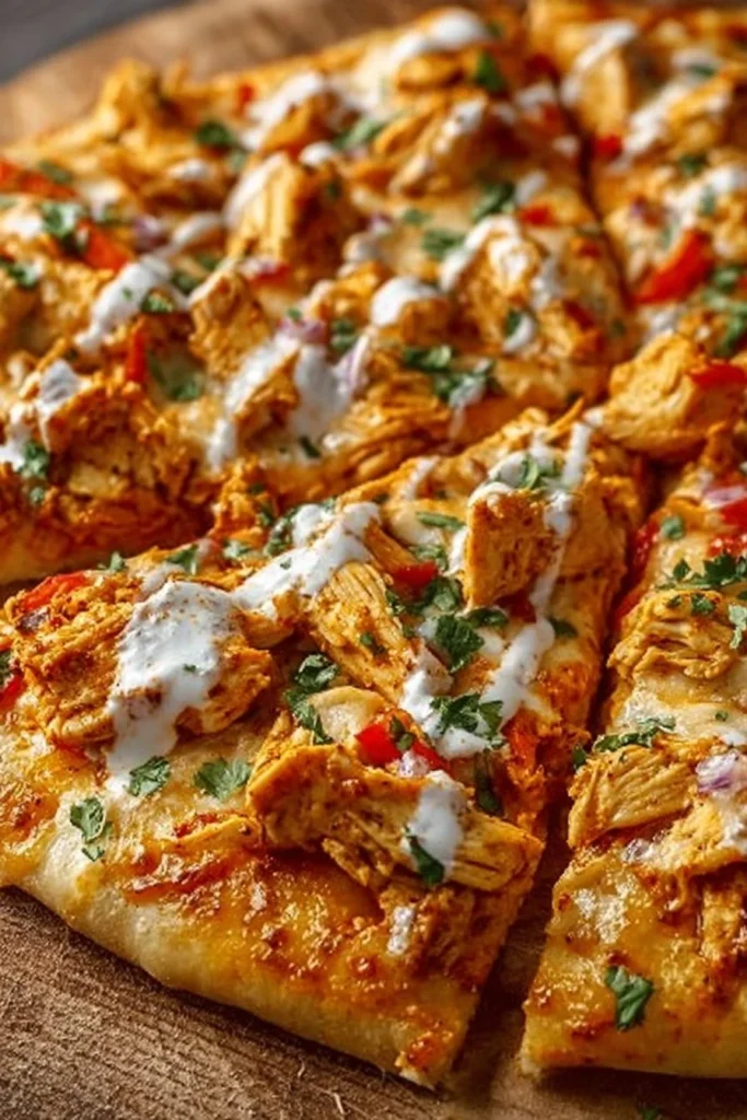 High-protein buffalo chicken pizza topped with spicy chicken and melted cheese