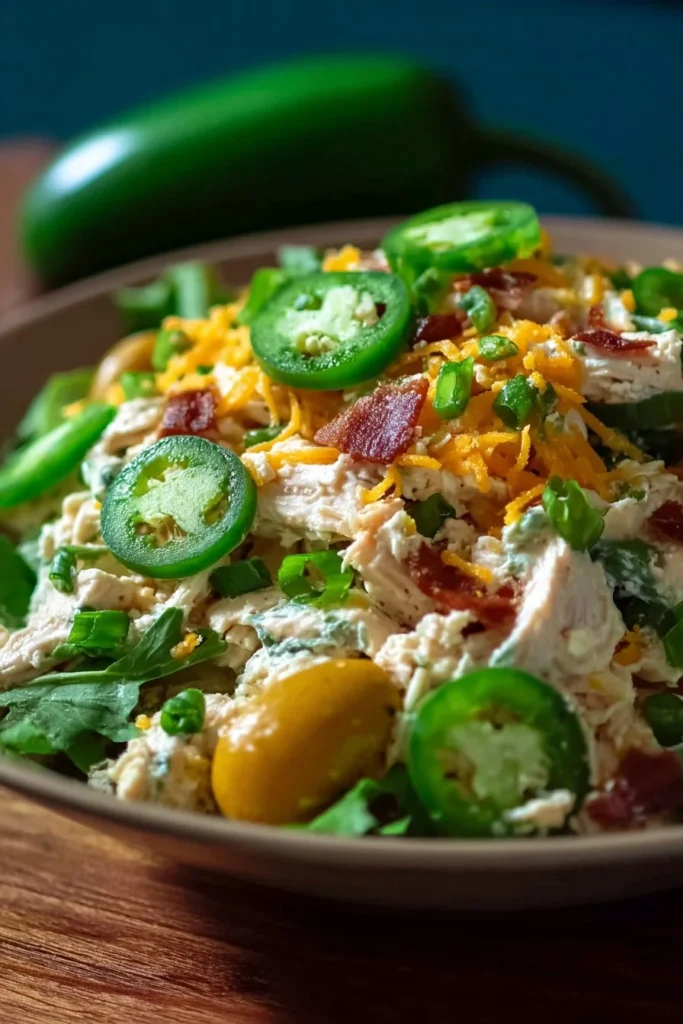 High Protein Jalapeño Popper Chicken Salad recipe with ingredients