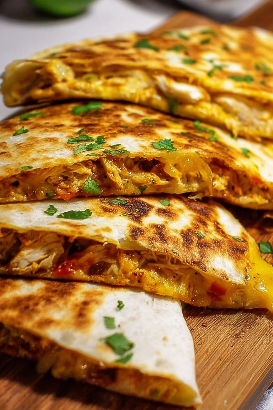 Homemade rotisserie chicken quesadillas served on a plate with salsa.