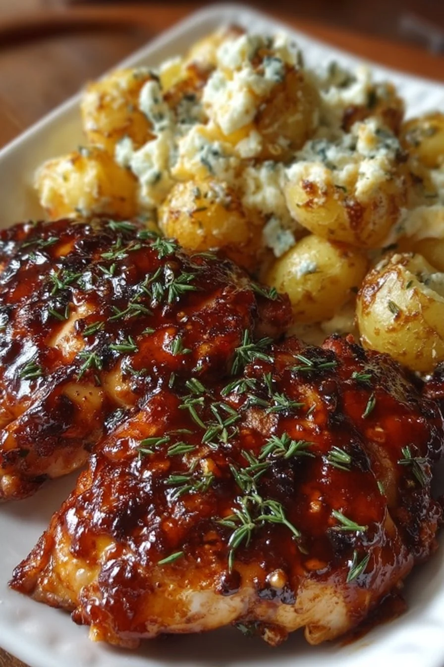 Delicious Honey BBQ Chicken served with Cheesy Garlic Parmesan Potatoes