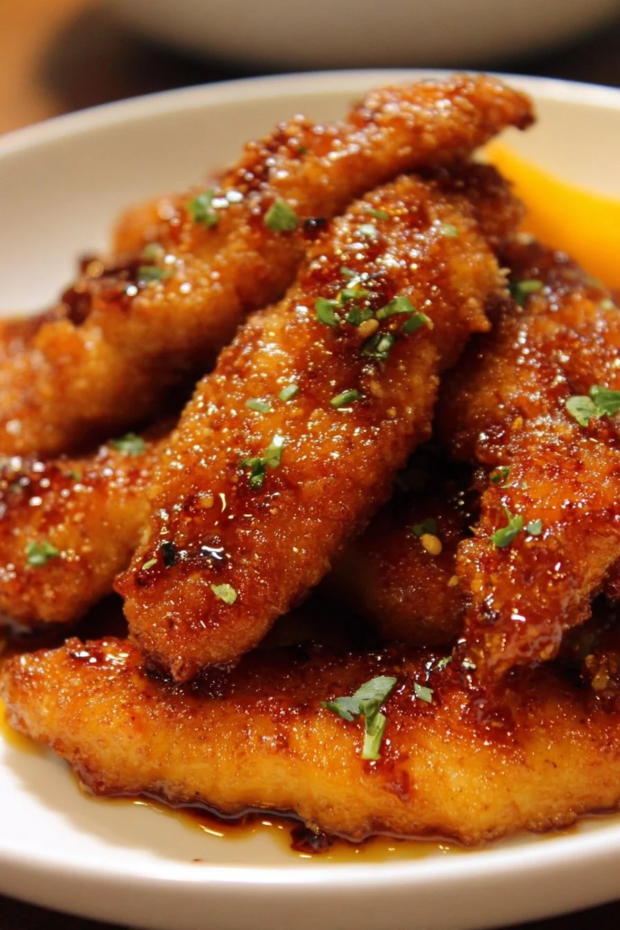 Delicious honey garlic chicken tenders, golden and glazed, served on a plate.