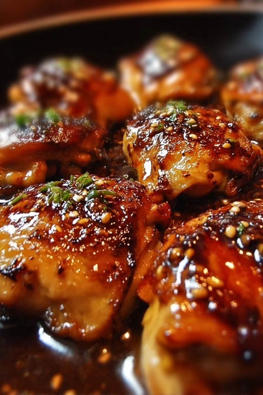 Juicy Honey Garlic Chicken Thighs served with vegetables on a plate.
