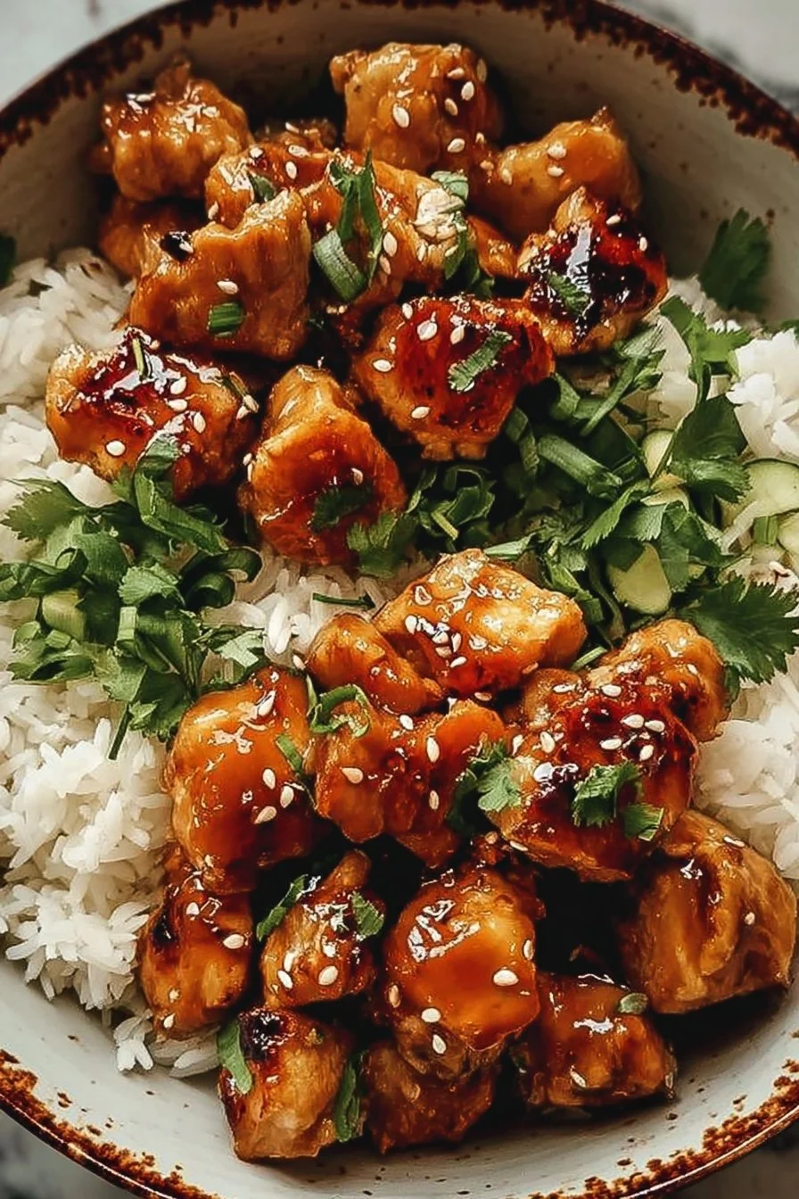 Delicious Hot Honey Chicken Bowl with fresh vegetables and rice