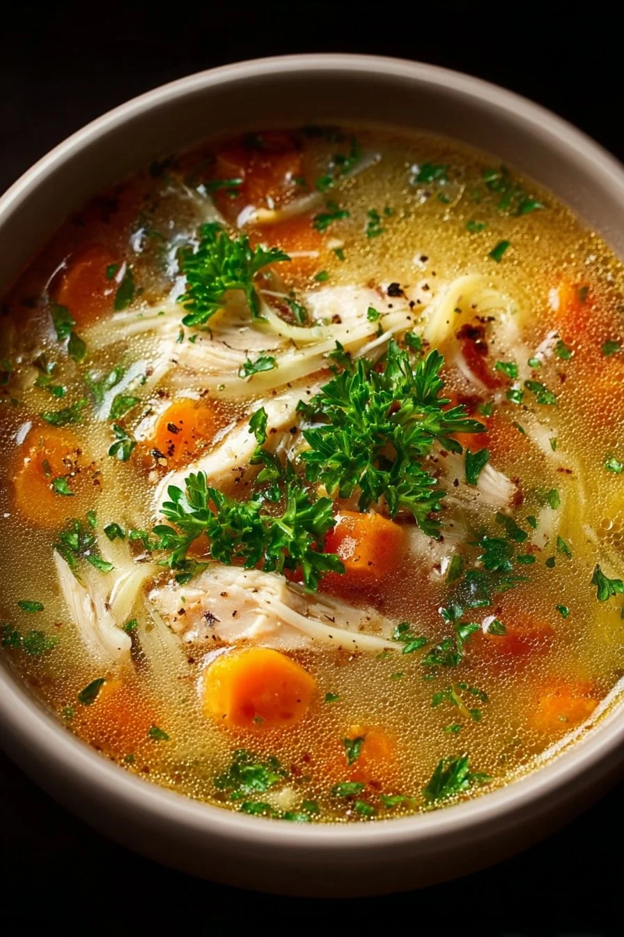Bowl of Instant Pot chicken soup with vegetables and herbs