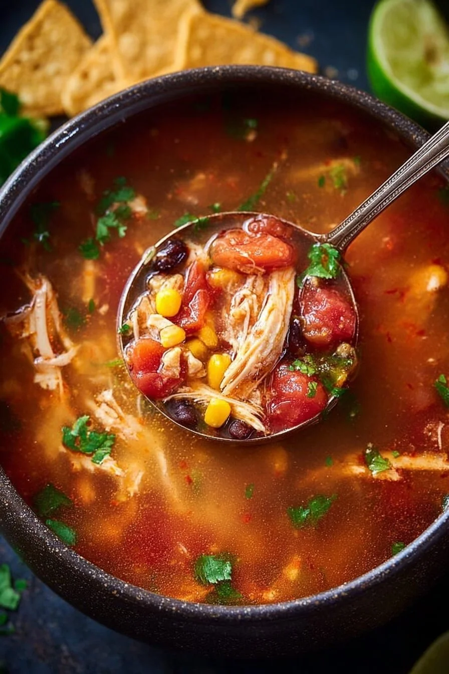 Bowl of Instant Pot chicken tortilla soup garnished with tortilla strips and cilantro.