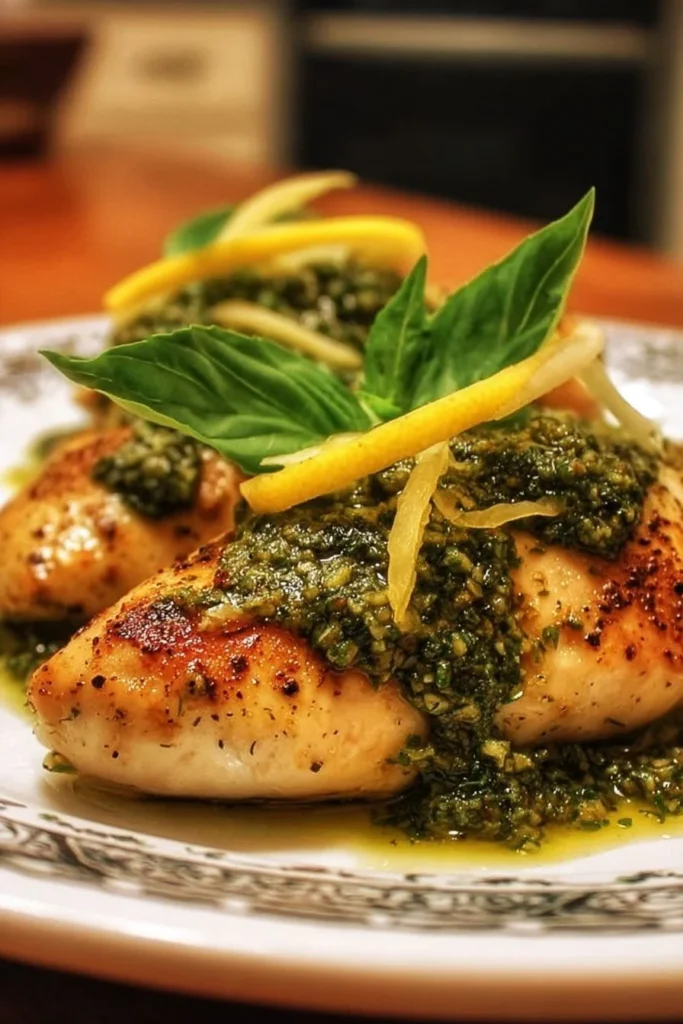 Lemon-Basil Pesto Chicken garnished with fresh basil and lemon slices.
