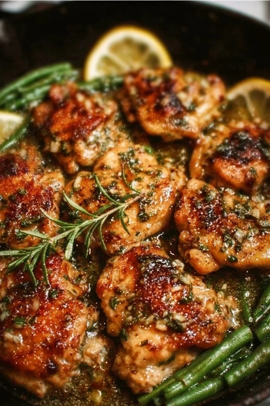 Lemon Garlic Butter Chicken Thighs 2 Delicious Lemon Garlic Butter Chicken Thighs garnished with herbs