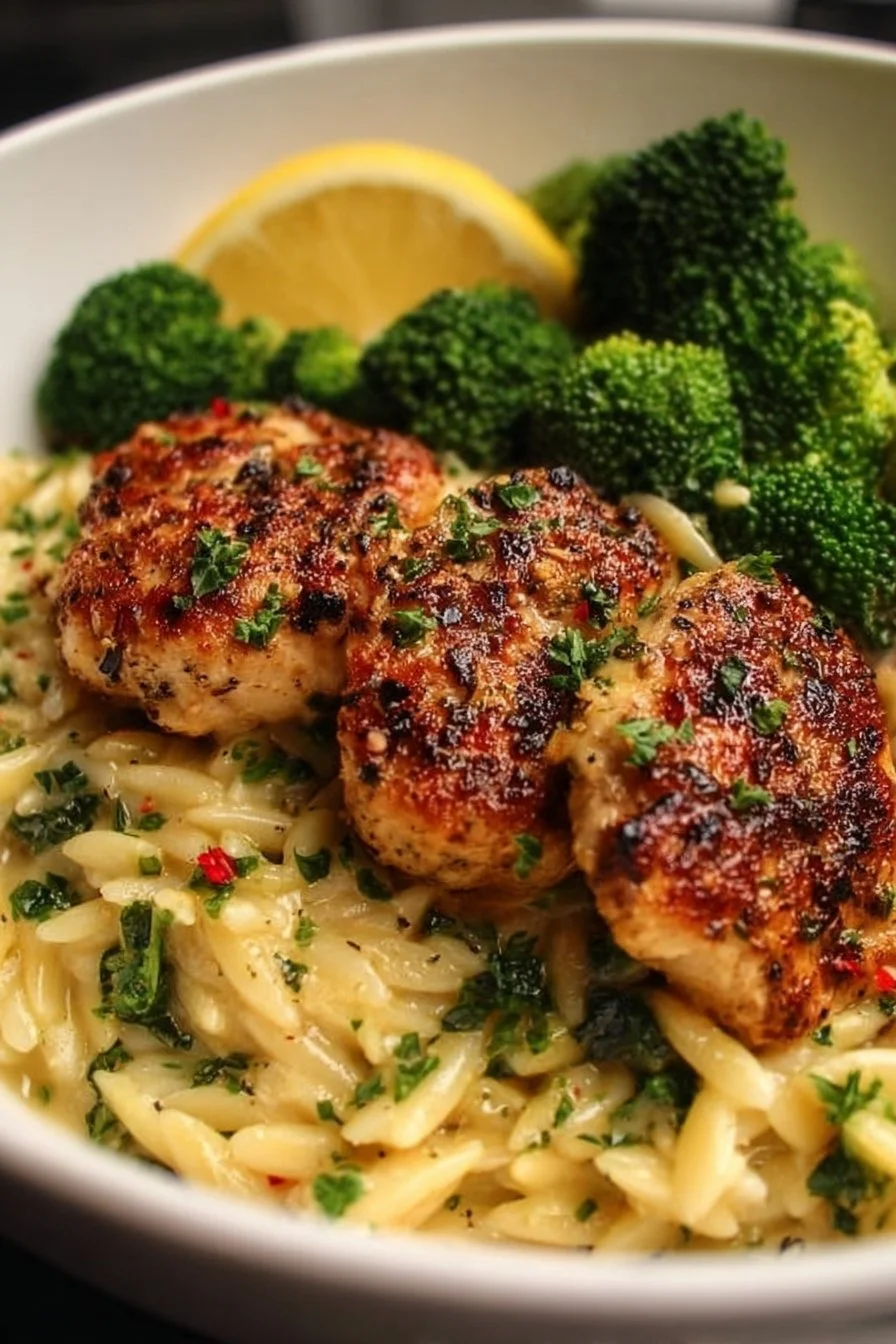Lemon Pepper Chicken served with broccoli and orzo pasta