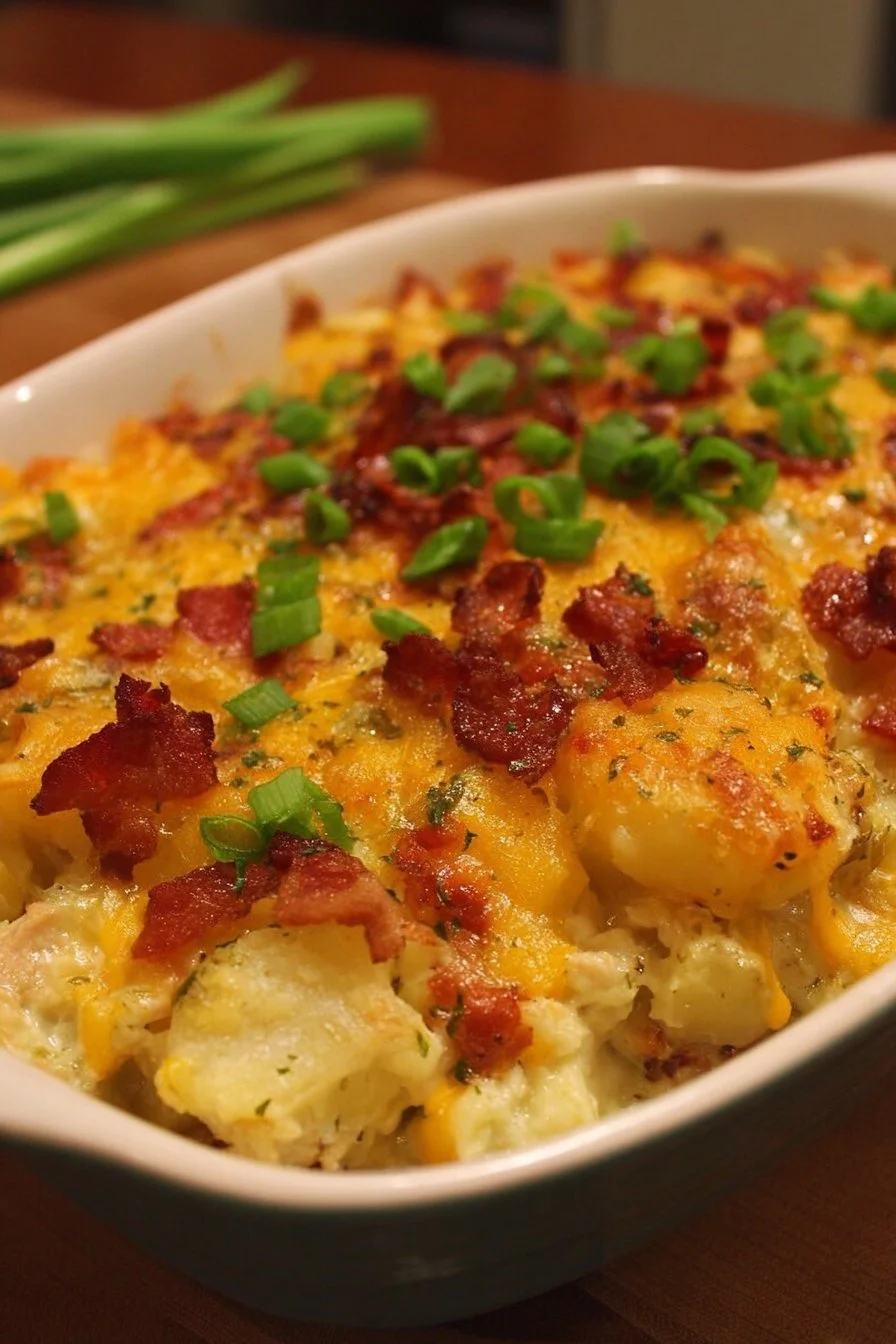 Loaded potato ranch chicken casserole served in a baking dish with toppings