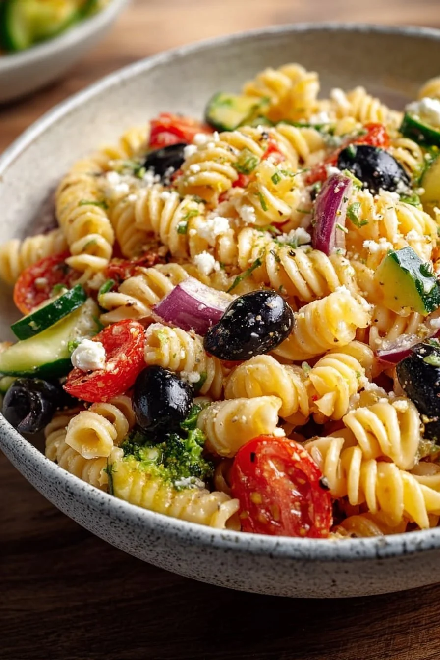 Healthy Mediterranean high protein pasta salad with colorful vegetables and dressing