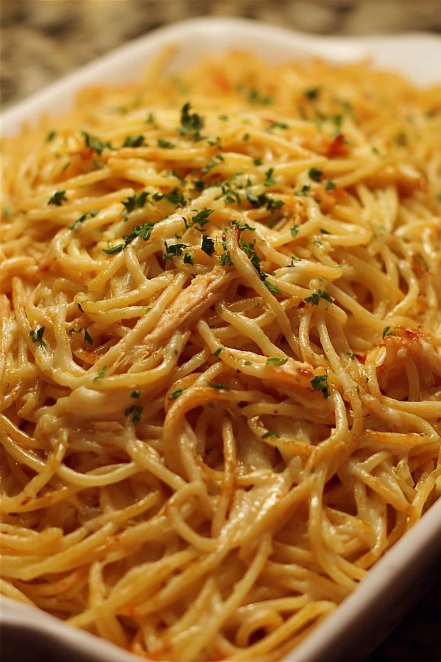A serving of Million Dollar Chicken Spaghetti topped with cheese and herbs.