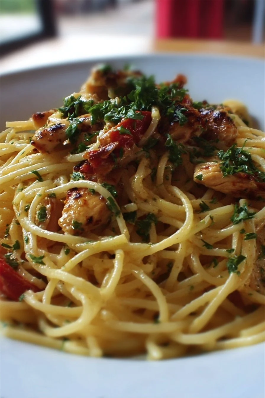 Delicious plate of Monterey Chicken Spaghetti, garnished with herbs.