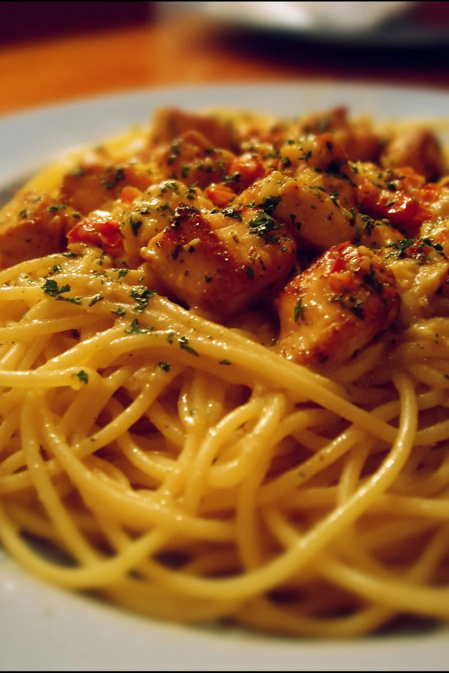 Plate of Monterey Chicken Spaghetti Pasta with vibrant toppings and herbs