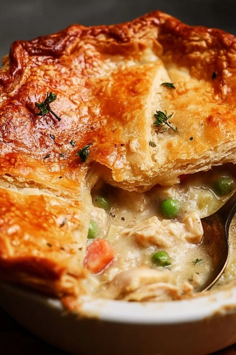 Delicious old-fashioned chicken pot pie with golden crust and veggies.