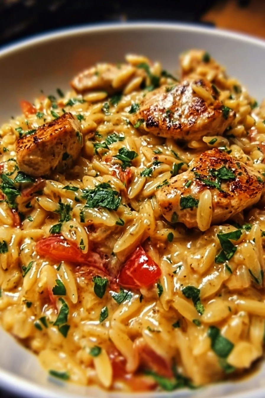 One-Pot Cajun Chicken Alfredo Orzo 2 One-Pot Cajun Chicken Alfredo Orzo dish garnished with parsley in a skillet.