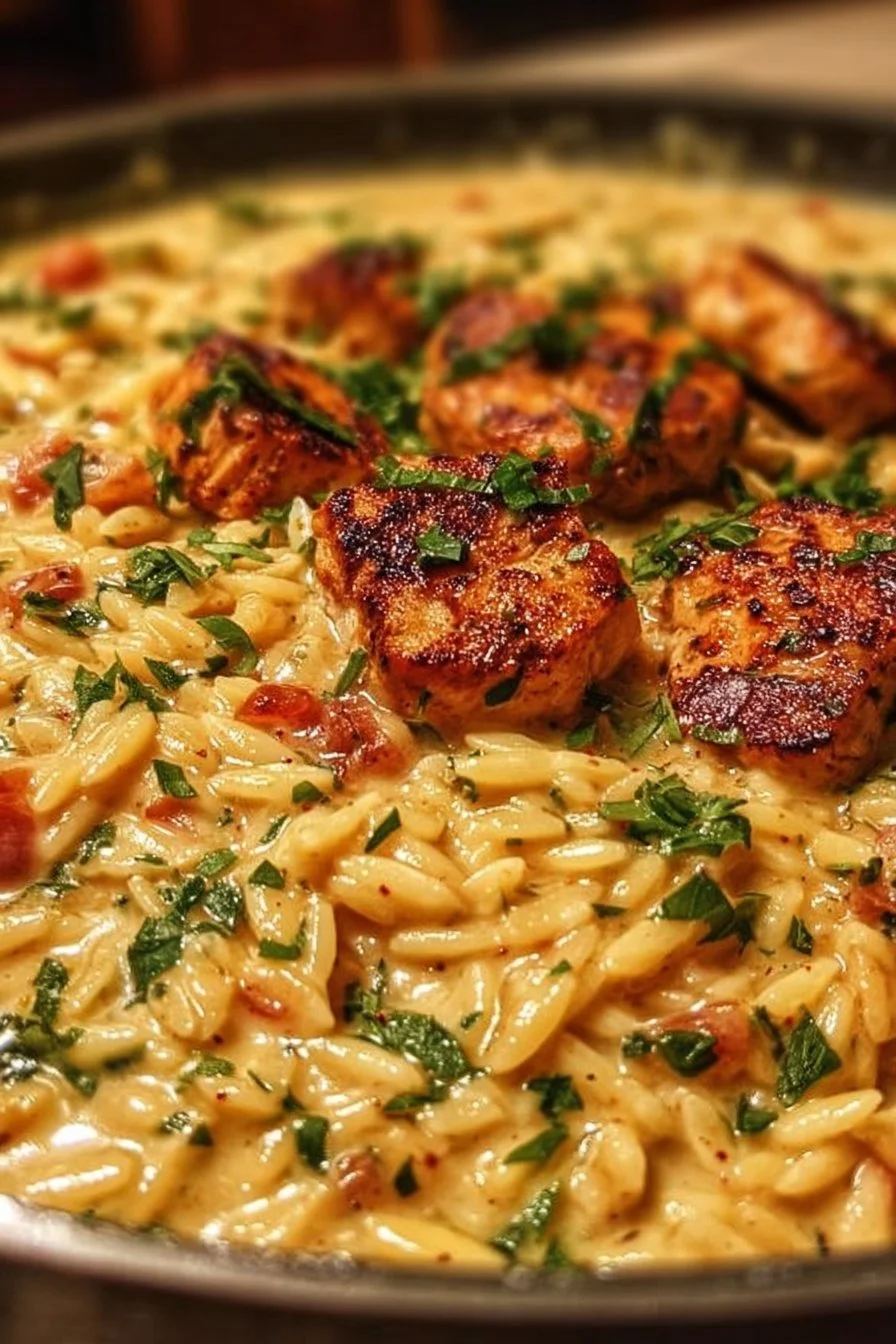One pot Cajun Chicken Alfredo Orzo dish served in a bowl