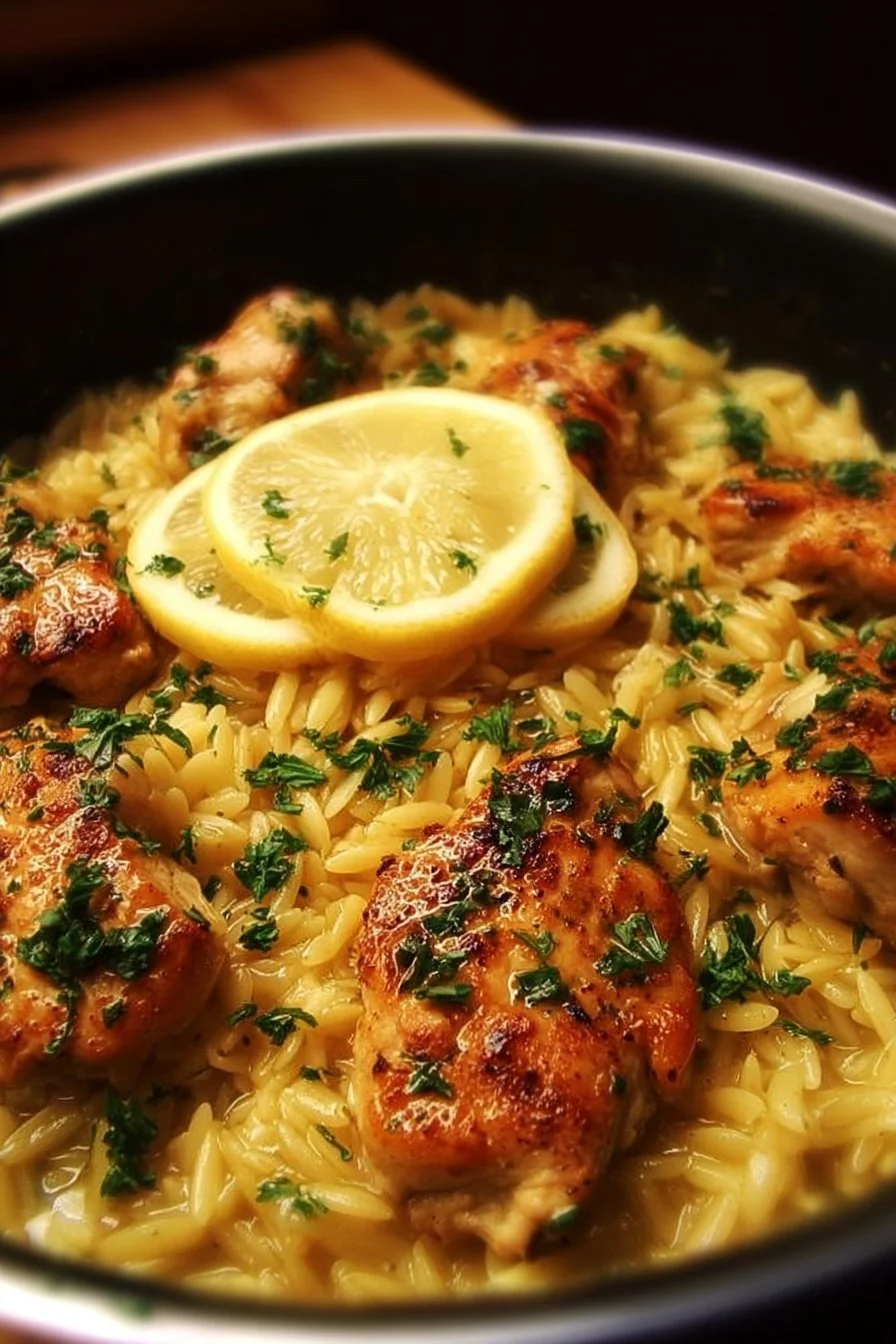 One-Pot Lemon Garlic Chicken Orzo 2 One-Pot Lemon Garlic Chicken Orzo with fresh ingredients in a serving bowl