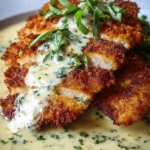 Parmesan Crusted Chicken served with creamy garlic sauce on a plate
