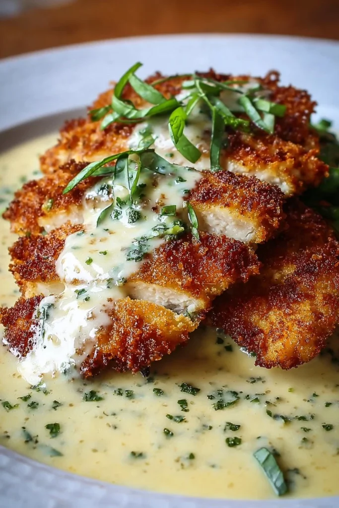 Parmesan Crusted Chicken served with creamy garlic sauce on a plate