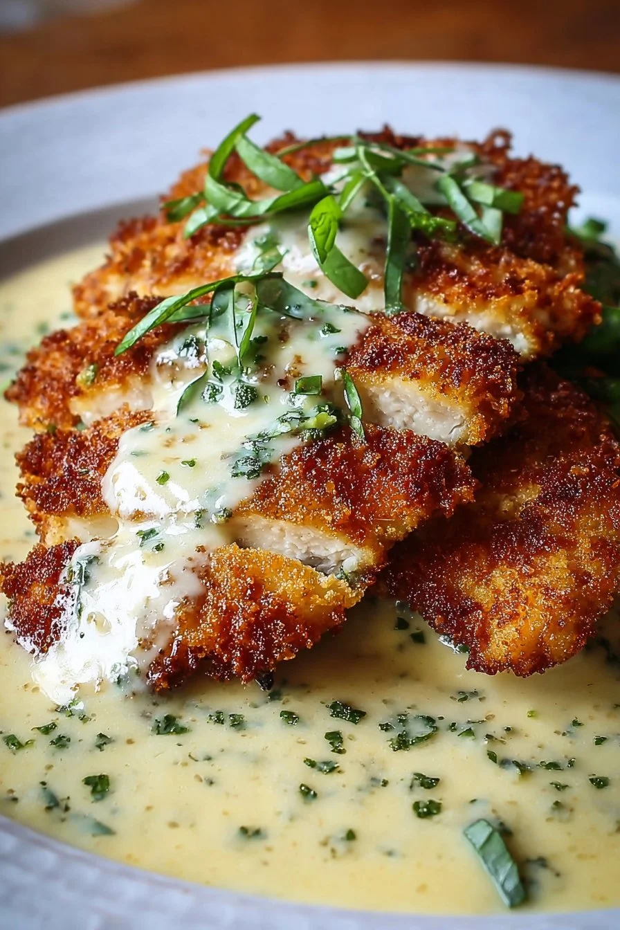 Parmesan Crusted Chicken with Creamy Garlic Sauce 3 Parmesan Crusted Chicken served with creamy garlic sauce on a plate