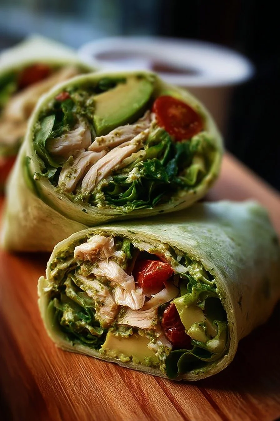 Pesto Chicken Avocado Salad Wraps with fresh ingredients