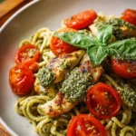 Pesto chicken pasta with oven-roasted tomatoes on a plate