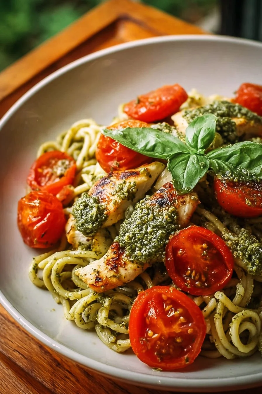 Pesto chicken pasta with oven-roasted tomatoes on a plate