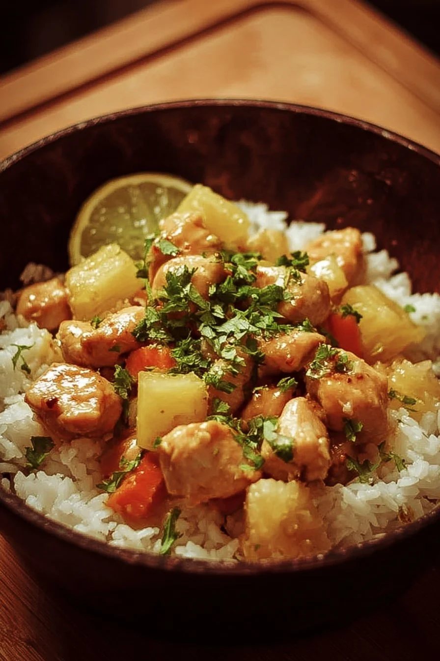 Delicious Pineapple Chicken Rice dish on a plate garnished with fresh vegetables