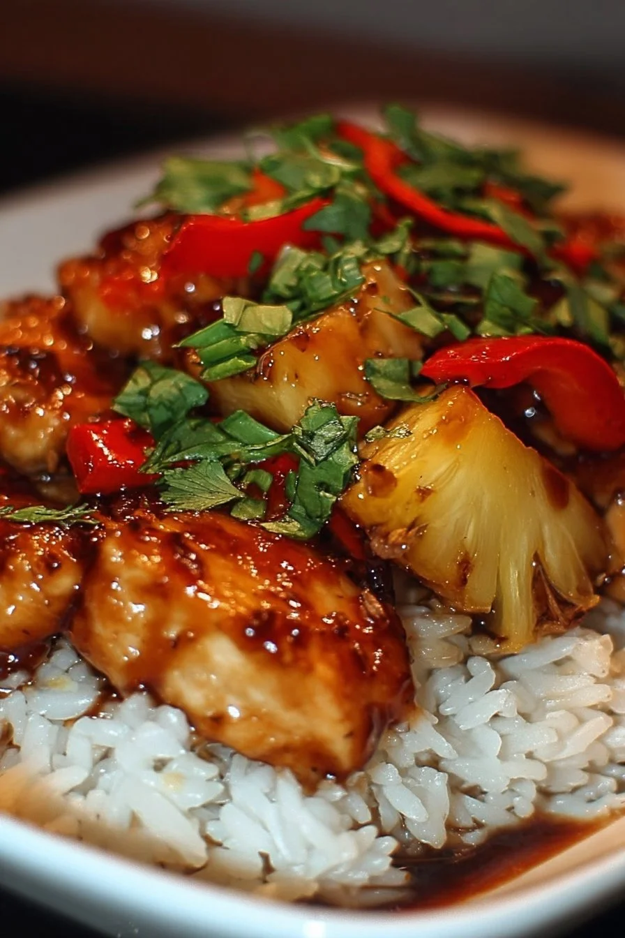 Plate of Pineapple Chicken and Rice garnished with vegetables