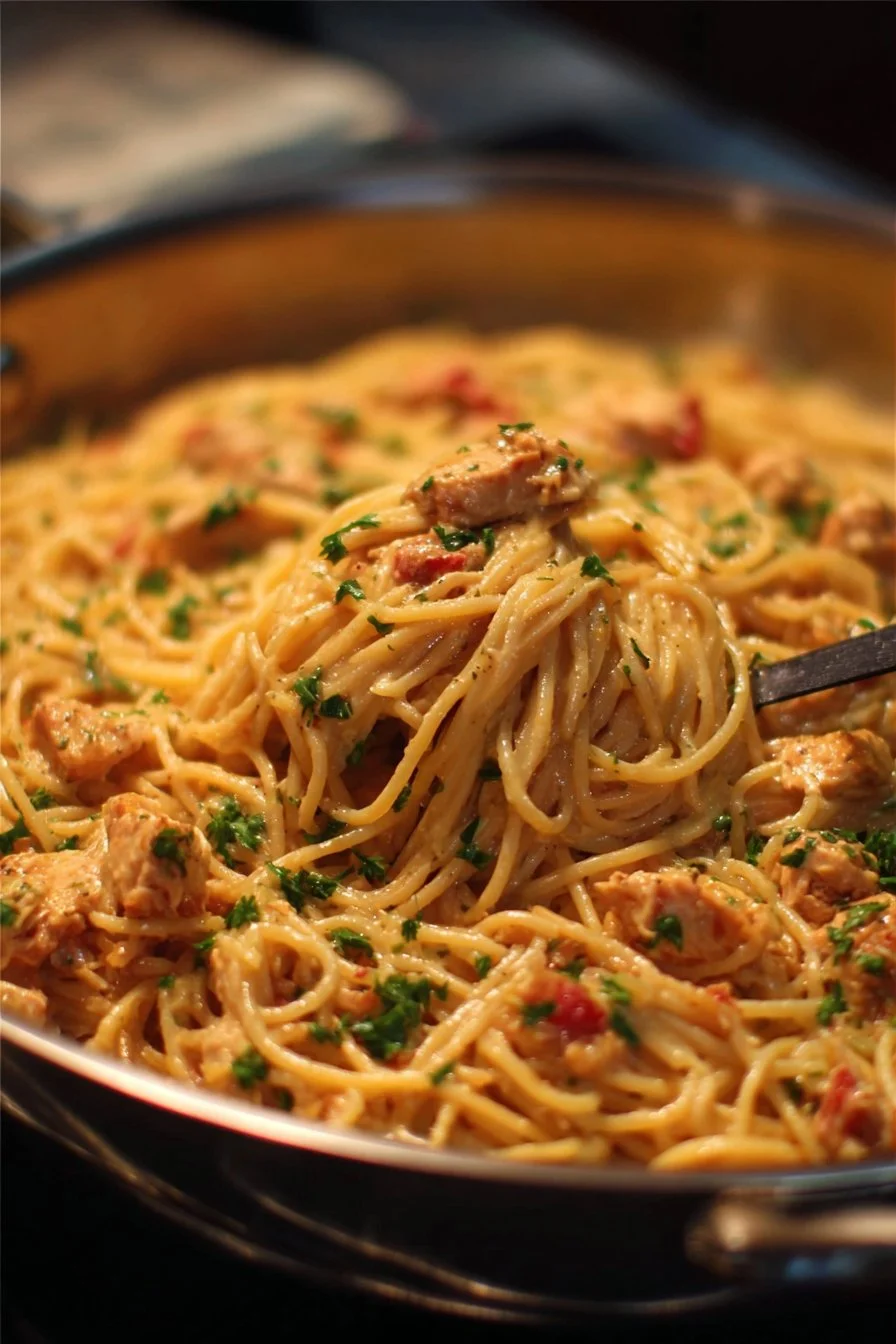 A plate of Pioneer Woman Chicken Spaghetti garnished with herbs.