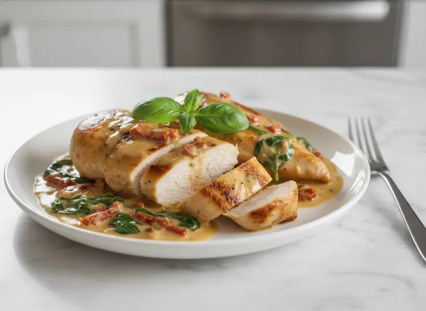 plated tuscan chicken dinner