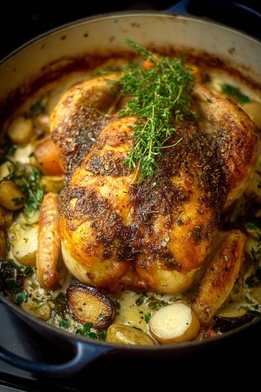 Perfectly roasted chicken in a Dutch oven, golden brown and delicious.