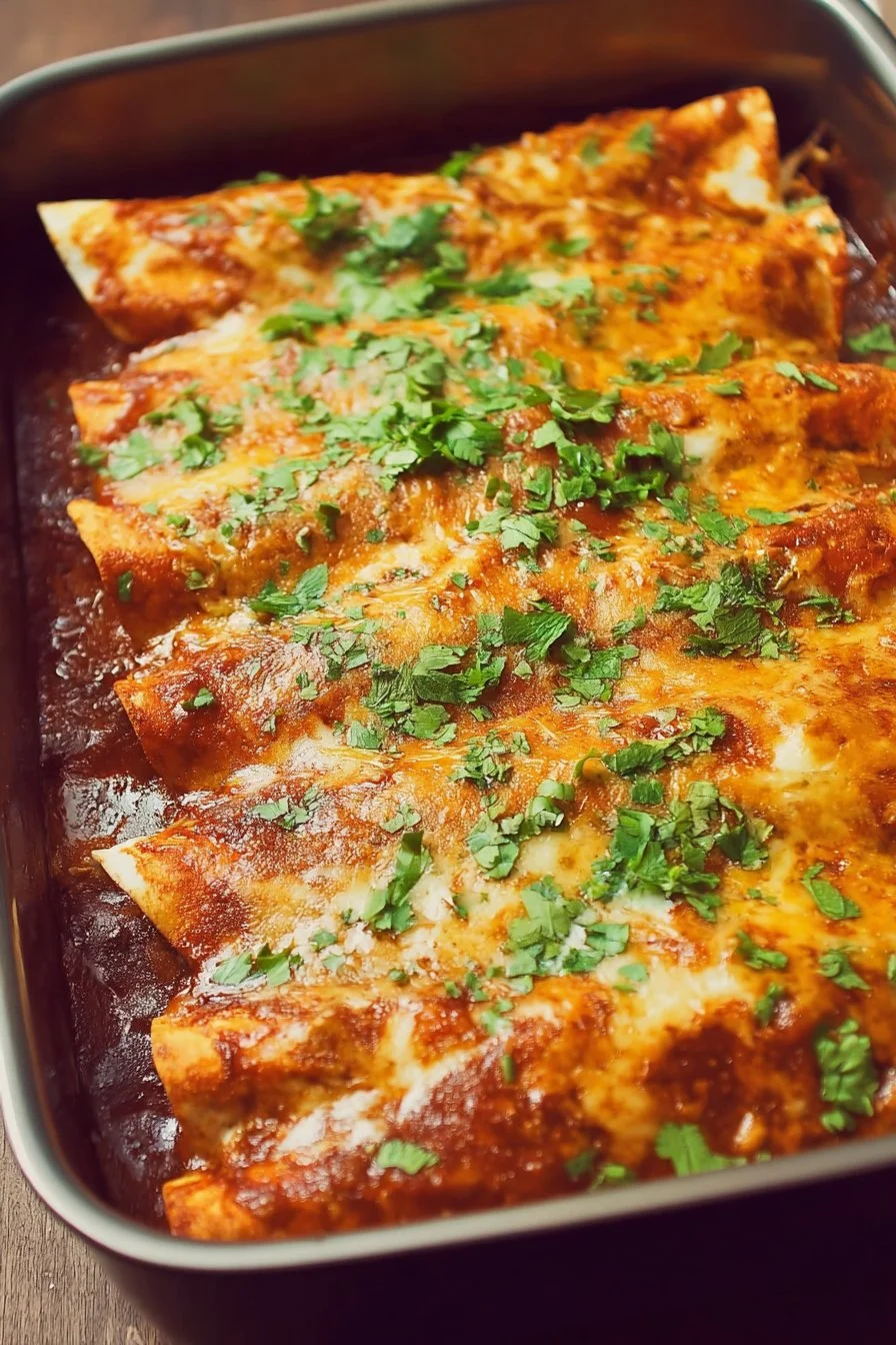 Delicious rotisserie chicken enchiladas topped with cheese and cilantro