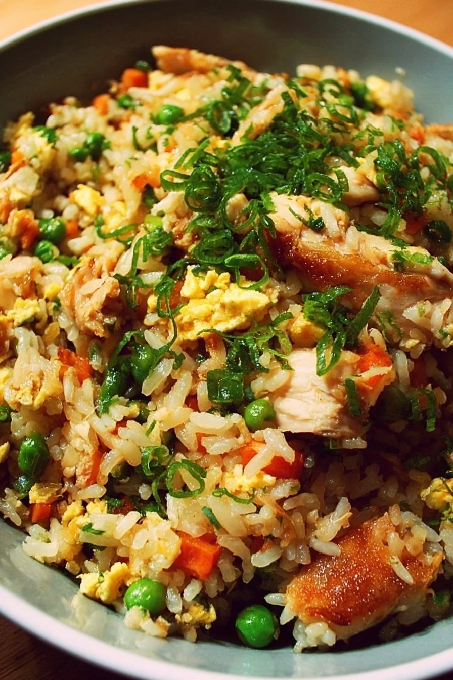 Bowl of Rotisserie Chicken Fried Rice garnished with green onions