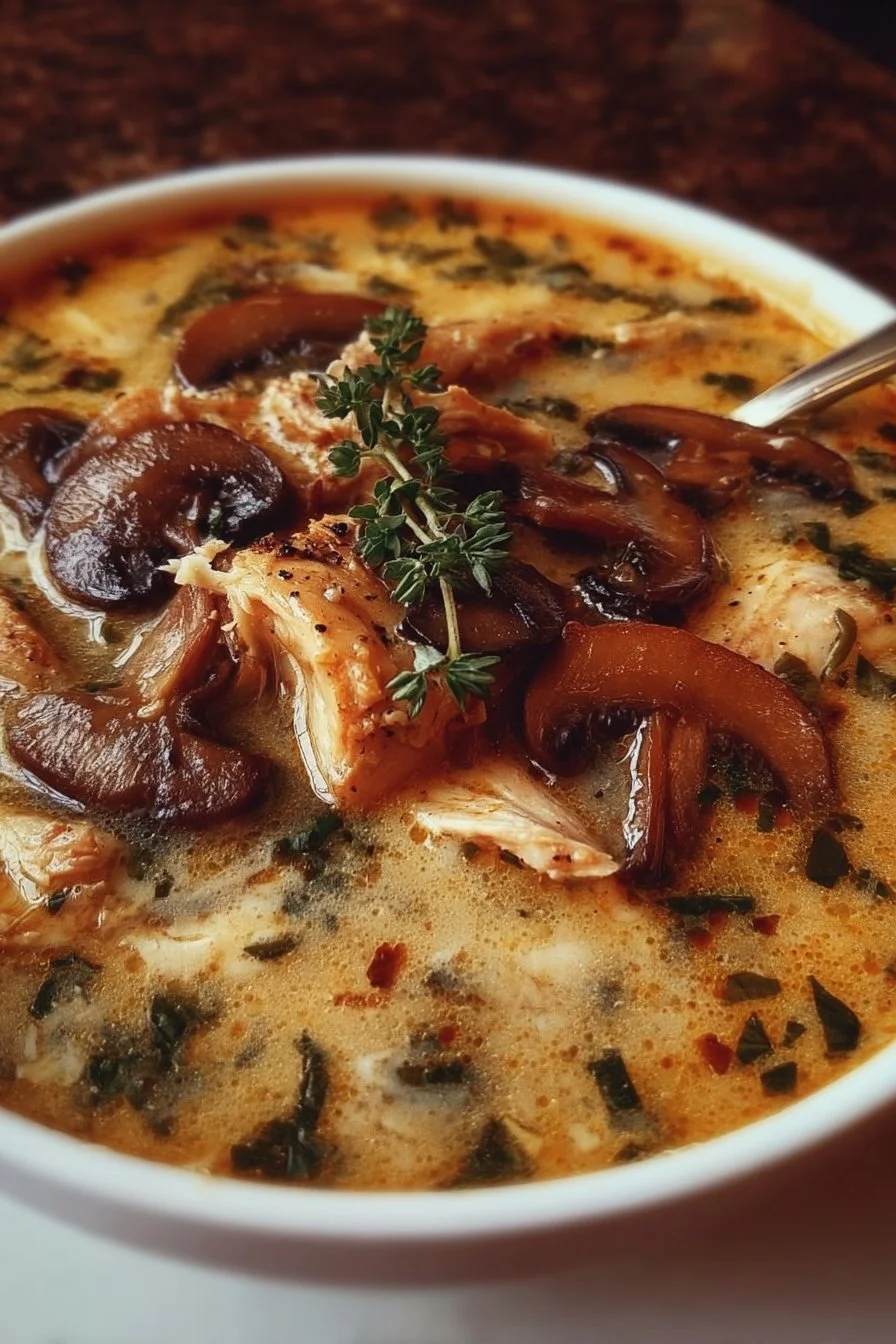 Bowl of hearty rotisserie chicken mushroom soup with fresh herbs and vegetables