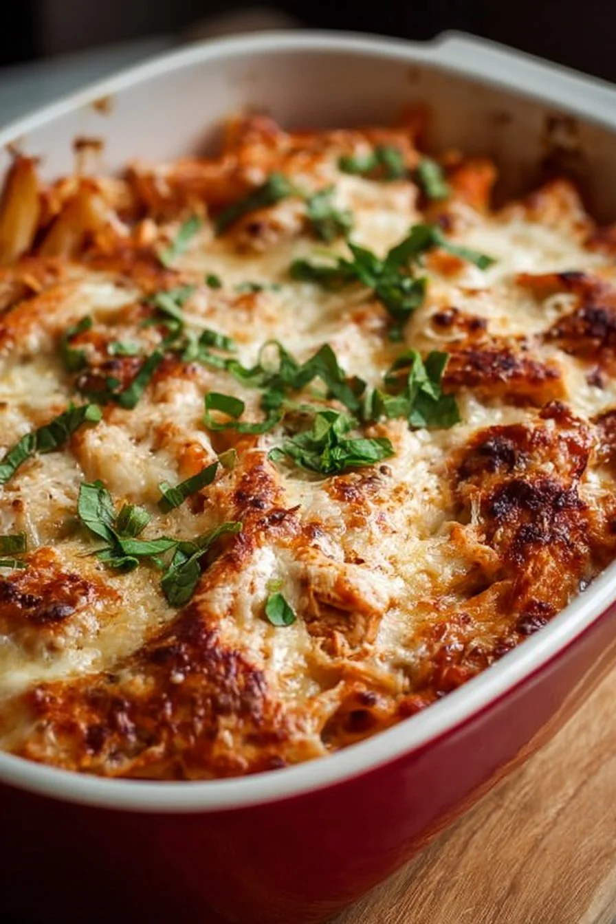Rotisserie Chicken Parmesan Casserole topped with cheese and herbs in a baking dish