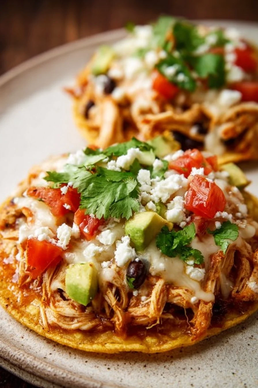 Rotisserie Chicken Tostadas 3 Delicious Rotisserie Chicken Tostadas topped with fresh ingredients.