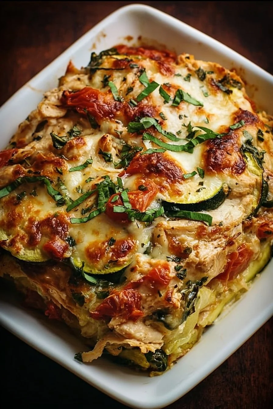 Rotisserie Chicken & Zucchini Casserole served in a baking dish