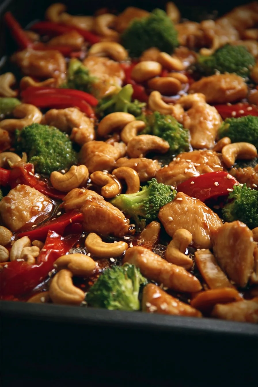 Delicious Sheet Pan Cashew Chicken with vegetables ready to serve
